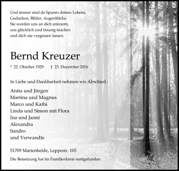 Anzeige von Bernhard Kreuzer von Kölner Stadt-Anzeiger / Kölnische Rundschau / Express