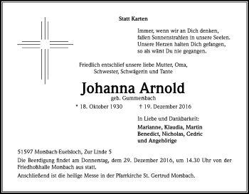 Anzeige von Johanna Arnold von Kölner Stadt-Anzeiger / Kölnische Rundschau / Express