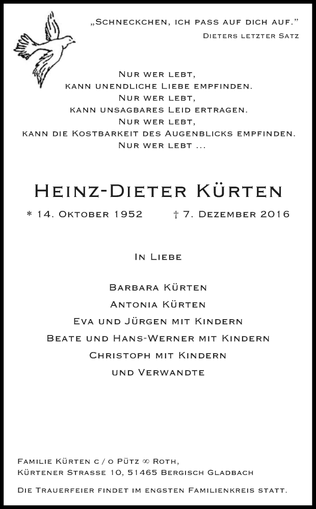  Traueranzeige für Heinz-Dieter Kürten vom 14.12.2016 aus Kölner Stadt-Anzeiger / Kölnische Rundschau / Express