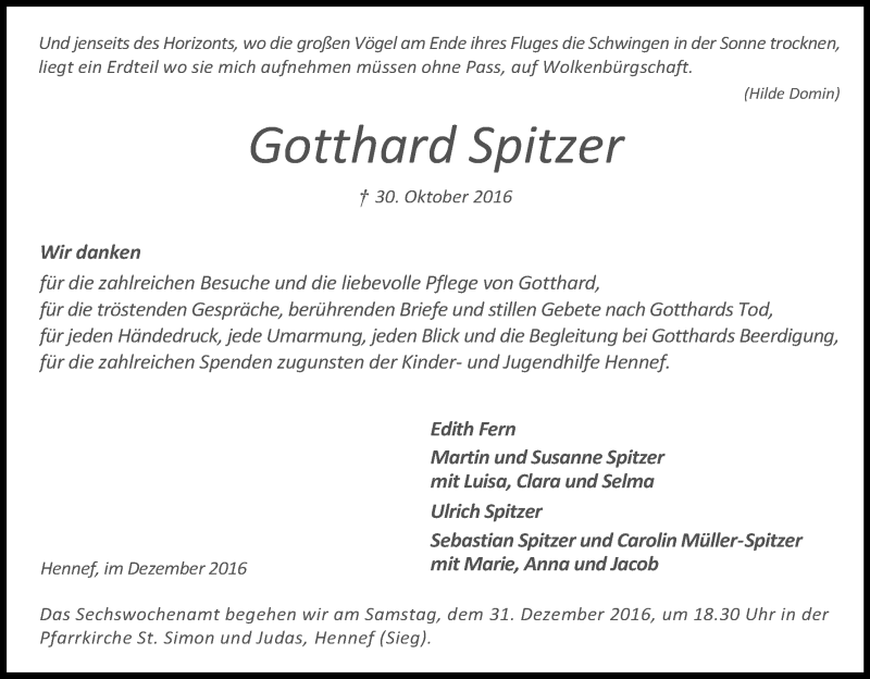  Traueranzeige für Gotthard Spitzer vom 03.12.2016 aus Kölner Stadt-Anzeiger / Kölnische Rundschau / Express