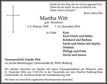Anzeige von Martha Witt von  Sonntags-Post 
