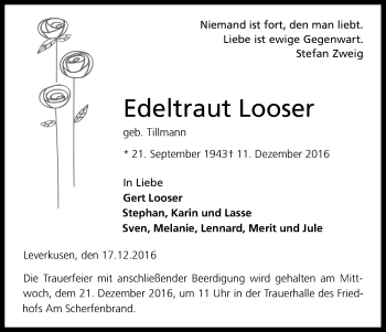 Anzeige von Edeltraut Looser von Kölner Stadt-Anzeiger / Kölnische Rundschau / Express