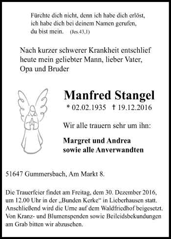 Anzeige von Manfred Stangel von Kölner Stadt-Anzeiger / Kölnische Rundschau / Express