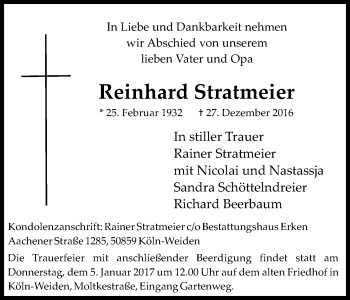 Anzeige von Reinhard Stratmeier von Kölner Stadt-Anzeiger / Kölnische Rundschau / Express