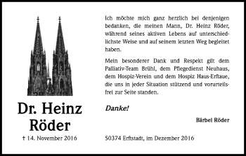 Anzeige von Heinz  Röder von Kölner Stadt-Anzeiger / Kölnische Rundschau / Express