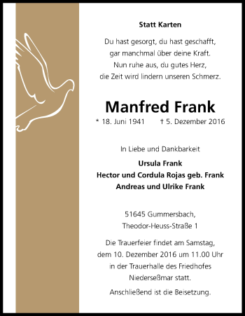 Anzeige von Manfred Frank von Kölner Stadt-Anzeiger / Kölnische Rundschau / Express