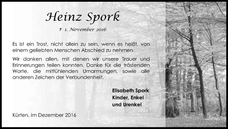  Traueranzeige für Heinz Spork vom 10.12.2016 aus Kölner Stadt-Anzeiger / Kölnische Rundschau / Express