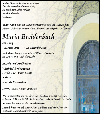 Anzeige von Maria Breidenbach von Kölner Stadt-Anzeiger / Kölnische Rundschau / Express