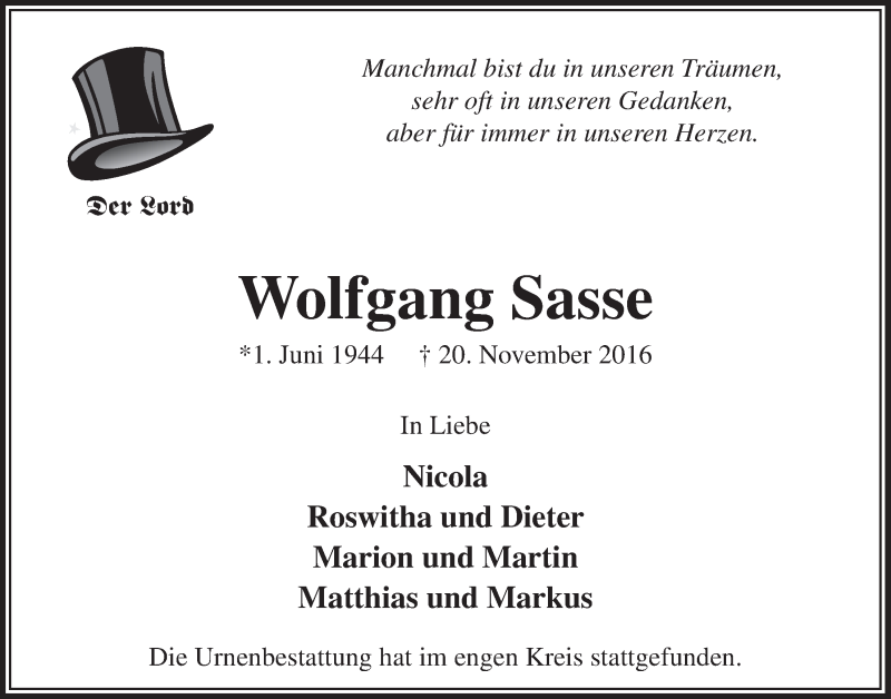  Traueranzeige für Wolfgang Sasse vom 14.12.2016 aus  Anzeigen Echo 