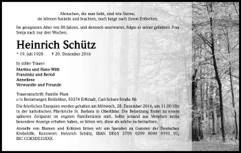 Anzeige von Heinrich Schütz von Kölner Stadt-Anzeiger / Kölnische Rundschau / Express