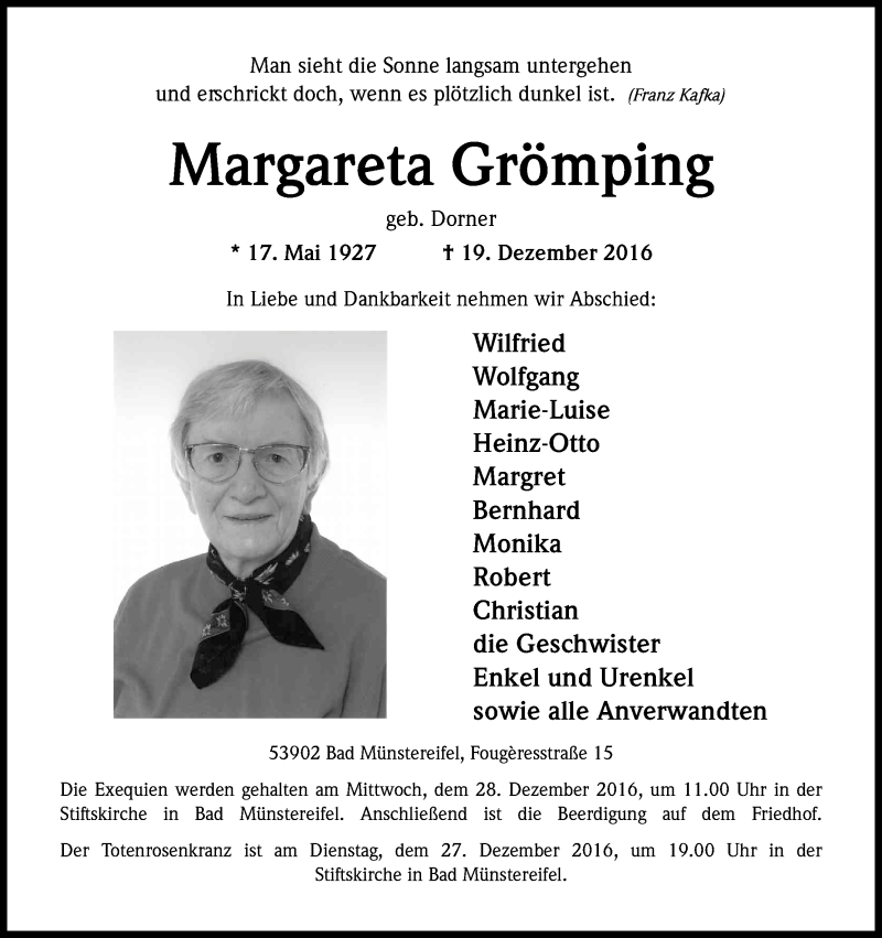  Traueranzeige für Margareta Grömping vom 23.12.2016 aus Kölner Stadt-Anzeiger / Kölnische Rundschau / Express