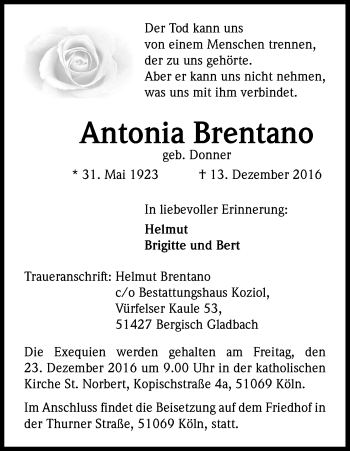 Anzeige von Antonia Brentano von Kölner Stadt-Anzeiger / Kölnische Rundschau / Express