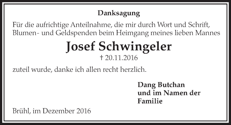  Traueranzeige für Josef Schwingeler vom 28.12.2016 aus  Schlossbote/Werbekurier 