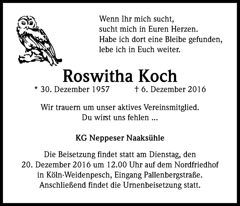  Traueranzeige für Roswitha Koch vom 13.12.2016 aus Kölner Stadt-Anzeiger / Kölnische Rundschau / Express
