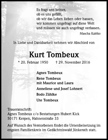 Anzeige von Kurt Tombeux von Kölner Stadt-Anzeiger / Kölnische Rundschau / Express