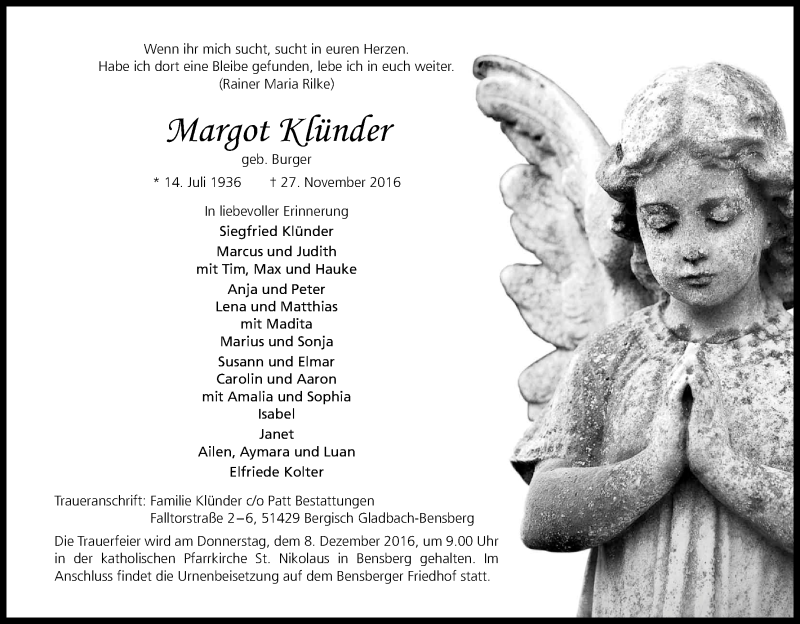  Traueranzeige für Margot Klünder vom 03.12.2016 aus Kölner Stadt-Anzeiger / Kölnische Rundschau / Express