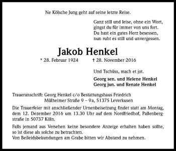 Anzeige von Jakob Henkel von Kölner Stadt-Anzeiger / Kölnische Rundschau / Express