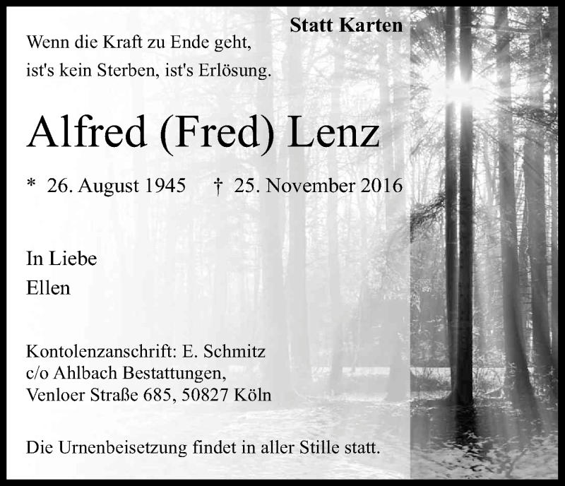  Traueranzeige für Alfred Lenz vom 03.12.2016 aus Kölner Stadt-Anzeiger / Kölnische Rundschau / Express