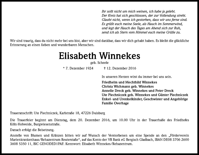  Traueranzeige für Elisabeth Winnekes vom 17.12.2016 aus Kölner Stadt-Anzeiger / Kölnische Rundschau / Express