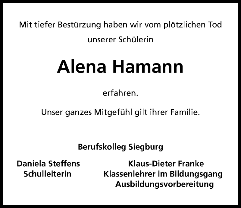  Traueranzeige für Alena Hamann vom 17.12.2016 aus Kölner Stadt-Anzeiger / Kölnische Rundschau / Express