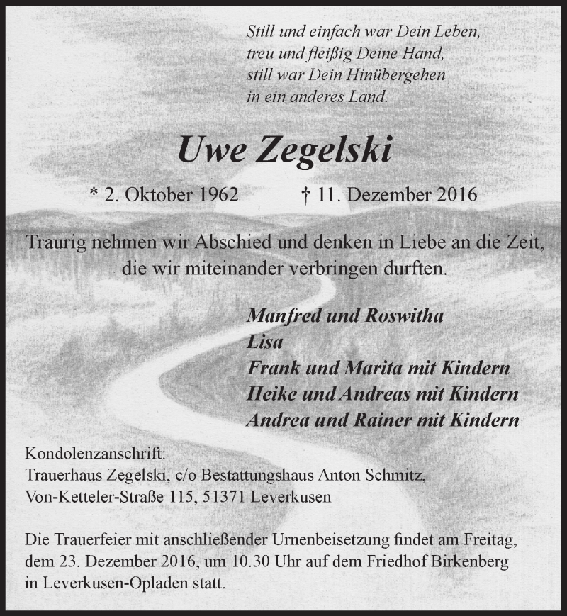  Traueranzeige für Uwe Zegelski vom 21.12.2016 aus  Lokale Informationen 