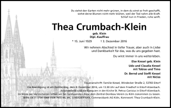 Anzeige von Thea Crumbach-Klein von Kölner Stadt-Anzeiger / Kölnische Rundschau / Express