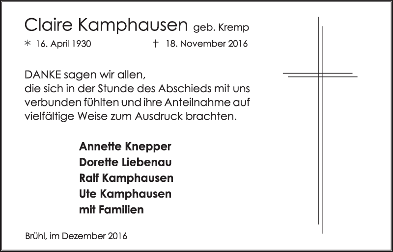  Traueranzeige für Claire Kamphausen vom 21.12.2016 aus  Schlossbote/Werbekurier 