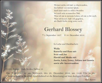 Anzeige von Gerhard Blossey von  Bergisches Handelsblatt 
