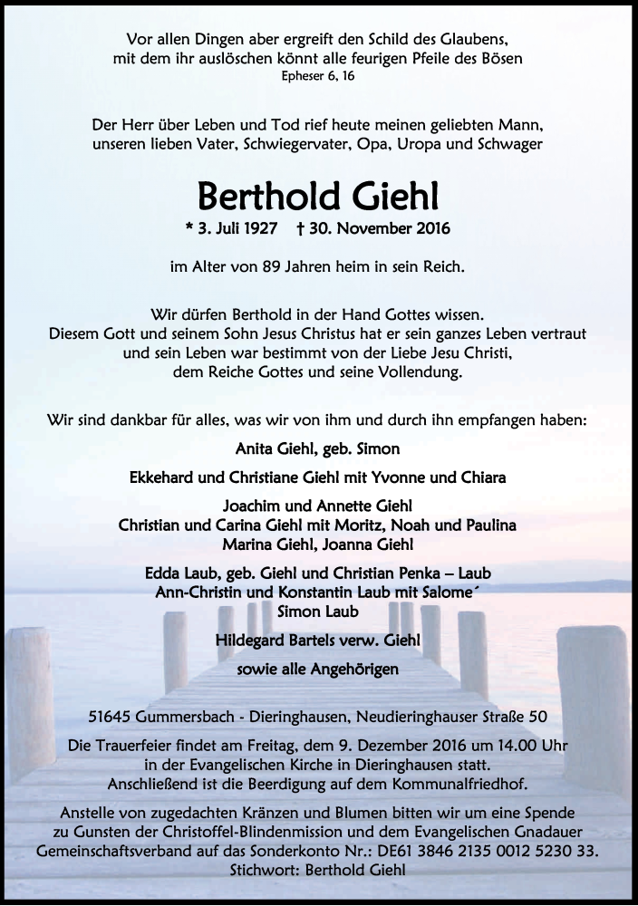  Traueranzeige für Berthold Giehl vom 03.12.2016 aus Kölner Stadt-Anzeiger / Kölnische Rundschau / Express