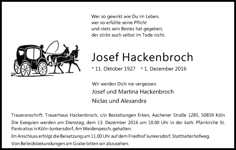  Traueranzeige für Josef Hackenbroch vom 10.12.2016 aus Kölner Stadt-Anzeiger / Kölnische Rundschau / Express