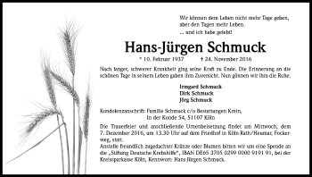 Anzeige von Hans-Jürgen Schmuck von Kölner Stadt-Anzeiger / Kölnische Rundschau / Express