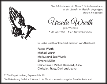 Anzeige von Ursula Wurth von  Anzeigen Echo 