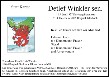 Anzeige von Detlef Winkler von Kölner Stadt-Anzeiger / Kölnische Rundschau / Express