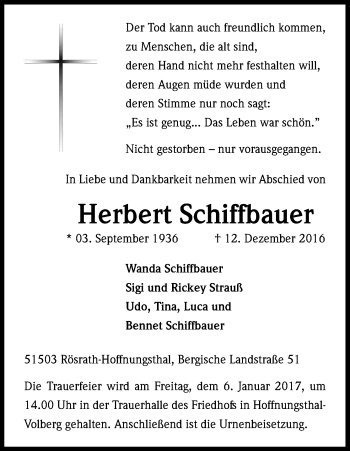 Anzeige von Herbert Schiffbauer von Kölner Stadt-Anzeiger / Kölnische Rundschau / Express