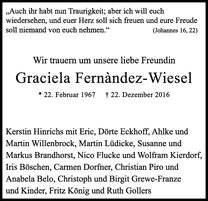  Traueranzeige für Graciela Fernàndez-Wiesel vom 31.12.2016 aus Kölner Stadt-Anzeiger / Kölnische Rundschau / Express