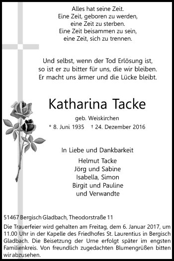 Anzeige von Katharina Tacke von Kölner Stadt-Anzeiger / Kölnische Rundschau / Express