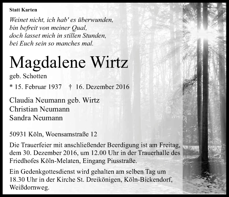  Traueranzeige für Magdalene Wirtz vom 24.12.2016 aus Kölner Stadt-Anzeiger / Kölnische Rundschau / Express