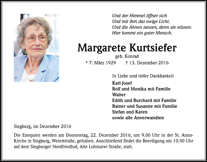  Traueranzeige für Margarete Kurtsiefer vom 17.12.2016 aus Kölner Stadt-Anzeiger / Kölnische Rundschau / Express