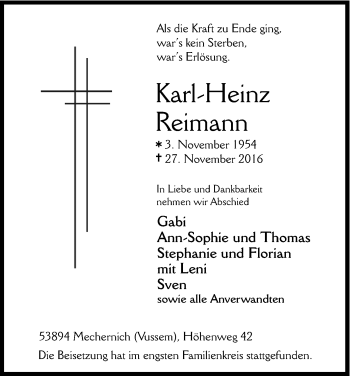 Anzeige von Karl-Heinz Reimann von Kölner Stadt-Anzeiger / Kölnische Rundschau / Express