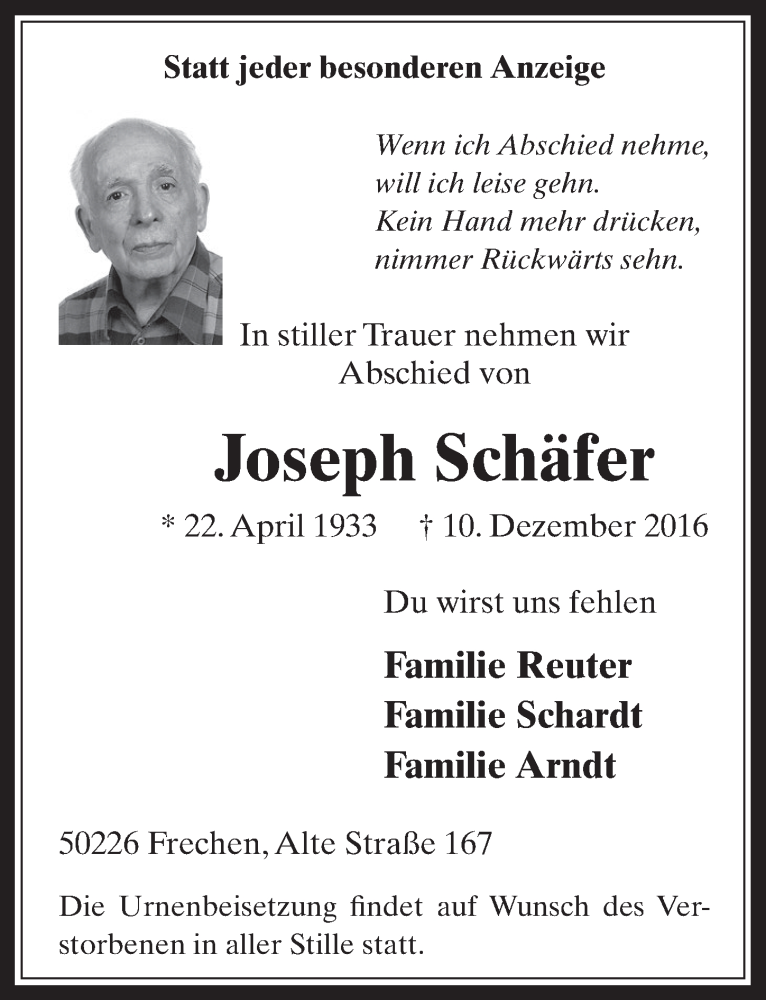  Traueranzeige für Joseph Schäfer vom 21.12.2016 aus  Wochenende 