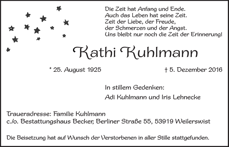  Traueranzeige für Kathi Kuhlmann vom 17.12.2016 aus  Blickpunkt Euskirchen 