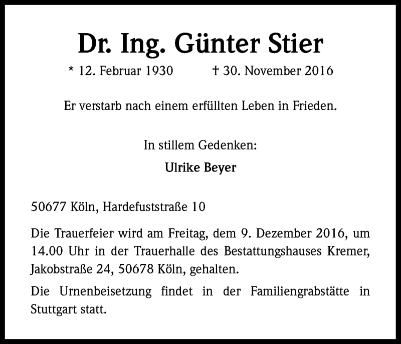  Traueranzeige für Günter Stier vom 03.12.2016 aus Kölner Stadt-Anzeiger / Kölnische Rundschau / Express