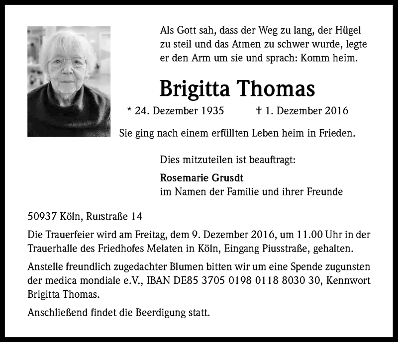  Traueranzeige für Brigitta Thomas vom 03.12.2016 aus Kölner Stadt-Anzeiger / Kölnische Rundschau / Express