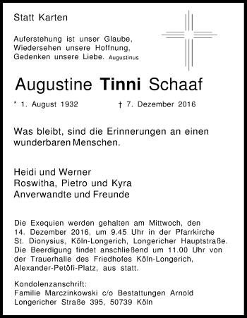 Anzeige von Augustine Tinni Schaaf von Kölner Stadt-Anzeiger / Kölnische Rundschau / Express