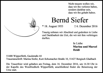Anzeige von Bernd Siefer von Kölner Stadt-Anzeiger / Kölnische Rundschau / Express