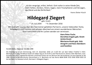 Anzeige von Hildegard Ziegert von Kölner Stadt-Anzeiger / Kölnische Rundschau / Express