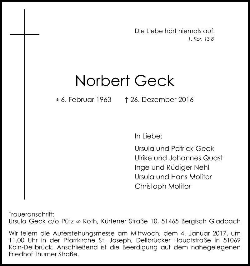  Traueranzeige für Norbert Geck vom 31.12.2016 aus Kölner Stadt-Anzeiger / Kölnische Rundschau / Express