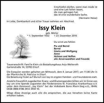 Anzeige von Issy Klein von Kölner Stadt-Anzeiger / Kölnische Rundschau / Express
