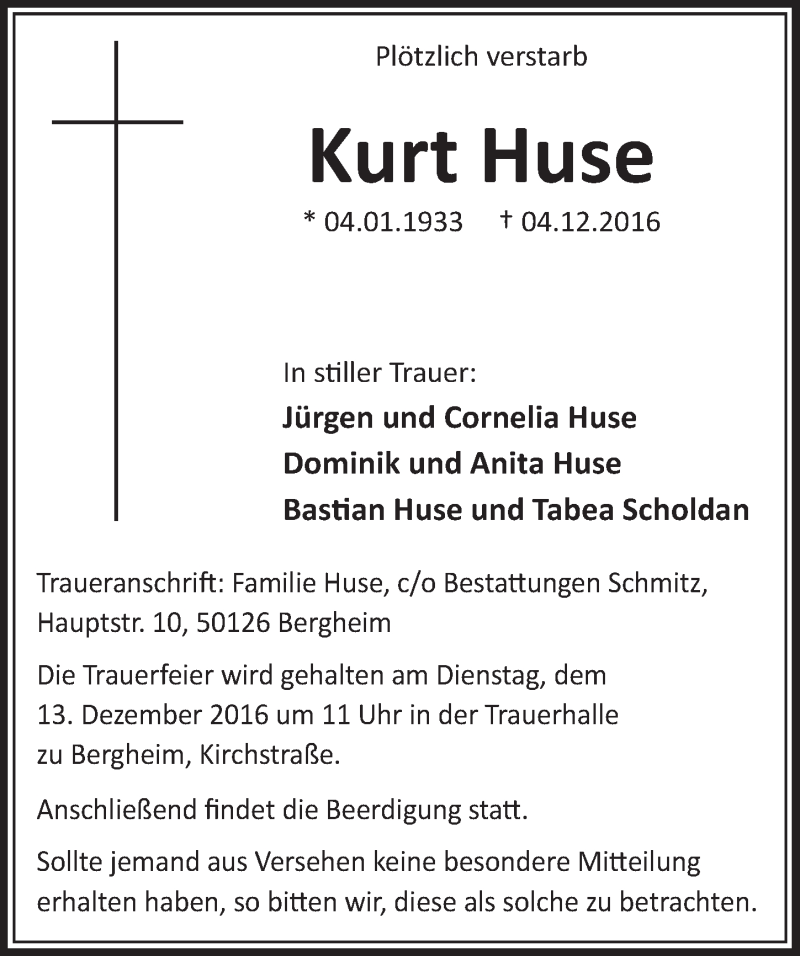  Traueranzeige für Kurt Huse vom 10.12.2016 aus  Sonntags-Post 