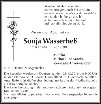 Anzeige von Sonja Wasserheß von  Extra Blatt 